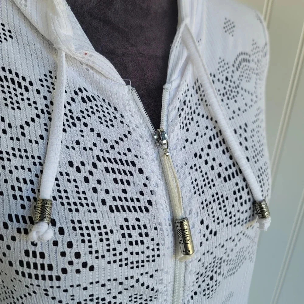 DOTTI Swim Cover Up Crochet Full Zip Up Hoodie White Lace $56  Sz Small S - Picture 6 of 12